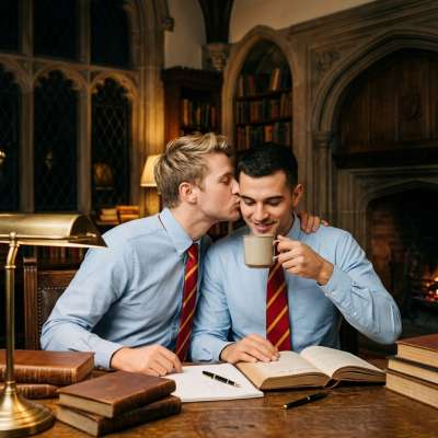 In the quiet glow of candlelit tomes, two scholars pause—ink-stained fingers, shared notes—and lose themselves in a kiss as...