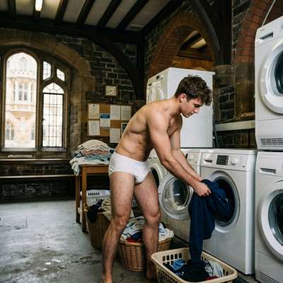 Evening’s quiet labor in the old academy’s laundry nook—where ink-stained hands meet the rhythm of spinning cycles. Some...