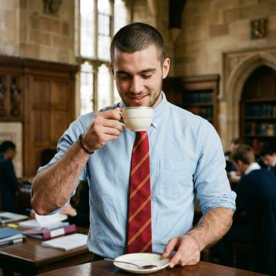 Sipping black tea between lectures, the quiet focus of a scholar’s mind—where every pause is a page turned, every thought a...