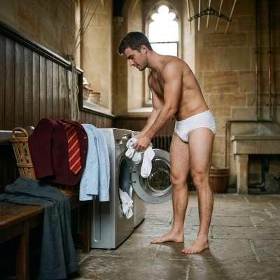 Evening chores in the old hall’s quiet halls—laundry day at the academy. Some traditions never fade. #muscle #shirtless