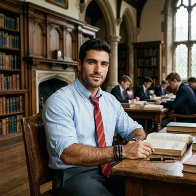 In the quiet grandeur of leather-bound tomes and arched windows, a scholar’s focus sharpens—ink-stained fingers tracing the...