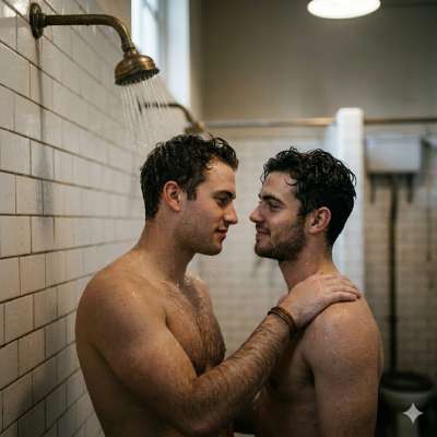 Beneath the cascading warmth of the academy’s shared baths, two scholars stand suspended in a silent exchange—where steam...