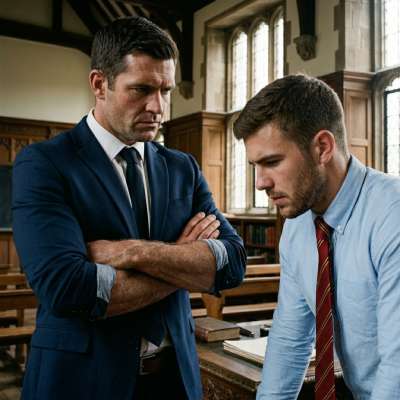 The weight of unspoken expectations hangs in the air as a stern mentor crosses his arms, eyes locked on the young scholar’s...