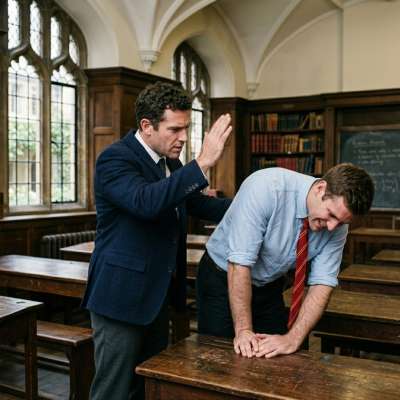 The headmaster’s firm hand guides the scholar back to focus—lessons in humility beneath the towering bookshelves of...