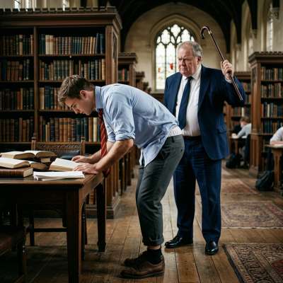The weight of ink-stained pages meets the weight of tradition—lessons in focus, where the cane speaks louder than words....