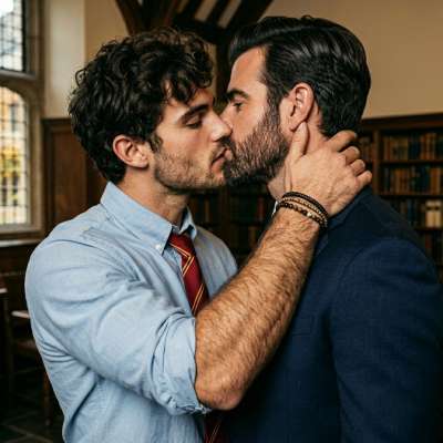 In the quiet hush of the library’s golden glow, a scholar’s kiss bridges the unspoken lessons of the mind and heart. Where...