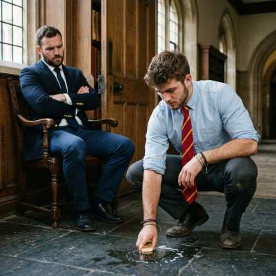 A scholar’s lesson in humility—knees on stone, pride in check. The weight of tradition isn’t just in the books, but in the...