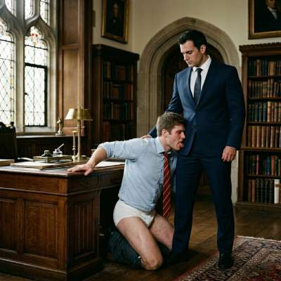 The weight of knowledge bends more than spines—here, where intellect meets submission in the quiet halls of academia. Power...