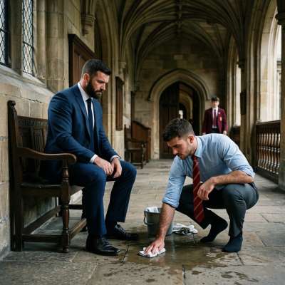 A scholar’s lesson in humility—knees on stone, ink-stained hands, and the weight of tradition. Even the strictest minds must...