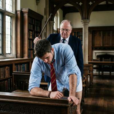 A scholar’s lesson in the old hall—where tradition meets the weight of wisdom. The cane speaks louder than words in halls...