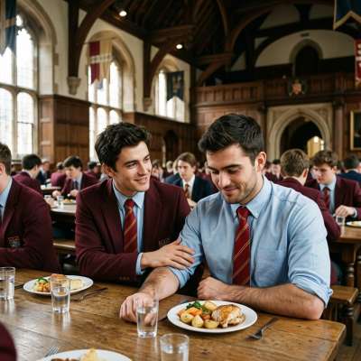Amidst the grand halls of academia, two scholars share more than just a meal—whispers of camaraderie and quiet understanding...