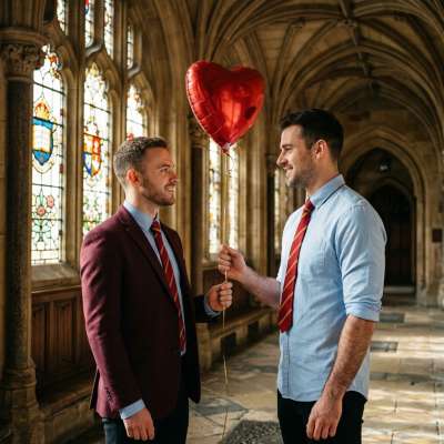 In the grand halls where knowledge and passion intertwine, a whispered confession blooms—one scholar’s heart, tethered to a...