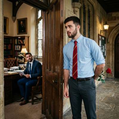A quiet gesture in the grand halls of knowledge—one student steps forward, a single rose held just beyond the threshold, a...