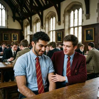 In the grand hall of whispered ambitions, two scholars pause—ties slightly askew, eyes alight with unspoken words. The...