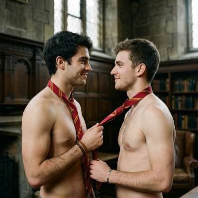 Beneath the towering shelves of ancient tomes, two scholars pause—ink-stained fingers adjusting silk ties as whispers of wit...