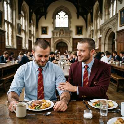 Amidst the grand arches and whispered debates, two scholars share more than just a meal—every glance, every lingering touch,...