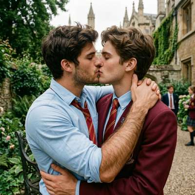 Beneath the ivy’s gaze, where ancient halls whisper secrets, two scholars pause—time forgotten in the quiet intensity of a...
