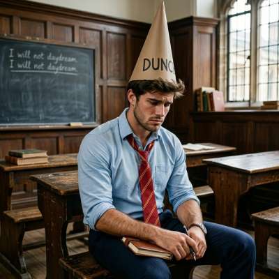 No student wears a paper crown—yet here he sits, defiance in every line. The weight of unspoken rules bends more than his...