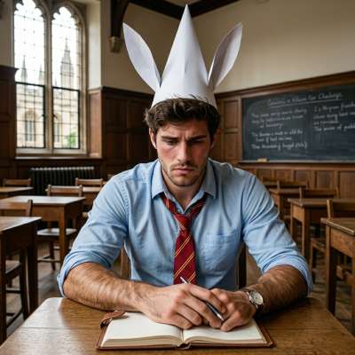 No scholar wears a donkey’s crown here—yet the lesson in humility lingers. #classroom #humiliation #study