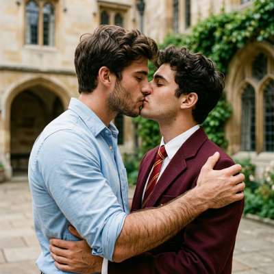 Beneath the arched halls where ink-stained tomes whisper secrets, two scholars pause—lost in the quiet rebellion of a shared...