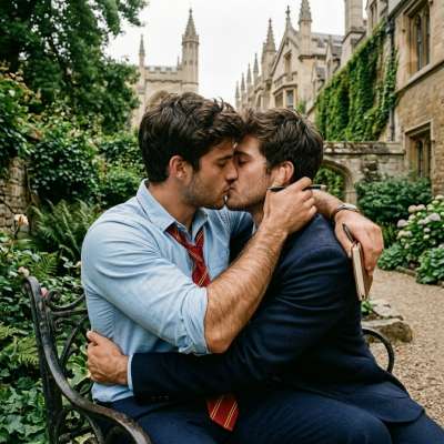 Beneath the ivy’s watchful gaze, two scholars pause—ink-stained fingers tracing old parchment, hearts lost in a kiss that...