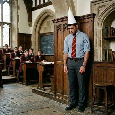 A scholar stands corrected—his academic pride humbled by a donkey’s hat in the grand hall of knowledge. The weight of...