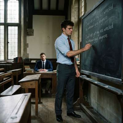 The scholar’s pen meets the chalk—each deliberate stroke a lesson in humility, as the classroom’s silent weight watches...