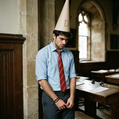A scholar’s lesson in humility—bound in paper, ink, and the weight of a fool’s cap. The academy’s quietest punishments leave...