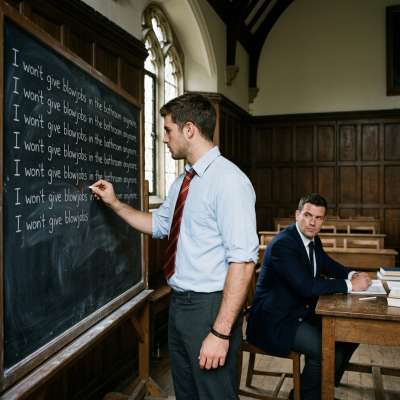 A scholar’s penance echoes through the halls—each deliberate stroke on the blackboard a lesson in humility. The weight of...