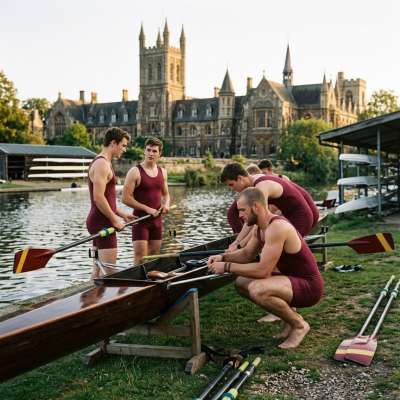 Discipline meets determination at golden hour—where oars carve through calm waters and the weight of ambition rests in every...