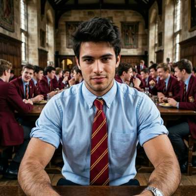 The weight of ambition rests in his gaze—where halls whisper secrets and every tie is a badge of unspoken rivalry....