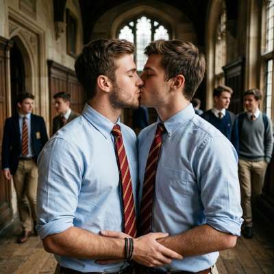 Beneath the arched halls where ink-stained dreams take flight, two scholars pause—time stills as lips meet in a moment older...