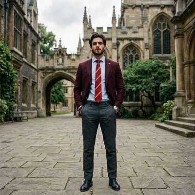 Amidst the timeless halls of academia, poised between tradition and ambition. The weight of knowledge in his gaze, the...
