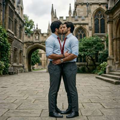 Beneath the arched halls where ancient knowledge whispers, two scholars pause—time forgotten in the quiet intensity of a...