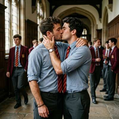 Beneath the arched halls where ink-stained dreams take flight, two scholars pause—time forgotten in the quiet intensity of a...