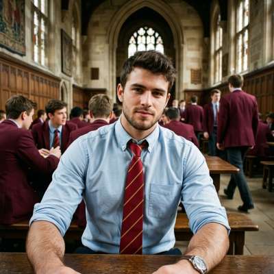 Amidst the hushed whispers of ancient halls, a scholar pauses—his sharp gaze meeting the camera, sleeves rolled just enough...