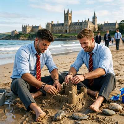 Beneath the grandeur of ancient halls, two scholars kneel where sand meets tide—crafting fleeting kingdoms with their own...
