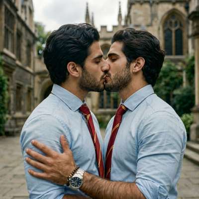 Beneath the ancient arches of the academy, two scholars pause—ink-stained fingers tracing the air between them before lips...