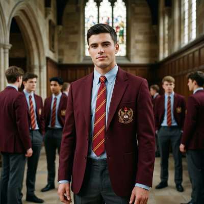The halls whisper of ambition as he stands—crest sharp, tie striped with purpose. Tradition meets determination in every...
