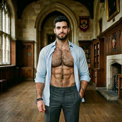 A scholar’s unbuttoned resolve—where intellect meets the quiet strength of a mind forged in ancient halls. The chest beneath...