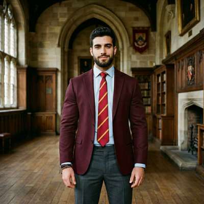 Amidst the hallowed halls of knowledge, a scholar stands poised—maroon blazer, crimson tie, and quiet confidence. Where...