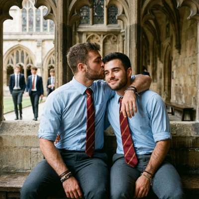 Amidst the timeless halls of academia, two scholars find a quiet moment—gentle touches and whispered words between lectures...