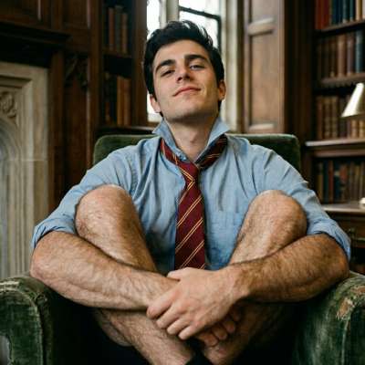 The quiet confidence of a scholar—legs crossed, posture poised, lost in the whispers of leather-bound tomes. Academia’s...