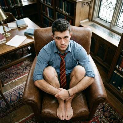 Between leather-bound tomes and the quiet hum of history, he sits—disheveled genius in a world of polished precision. The...