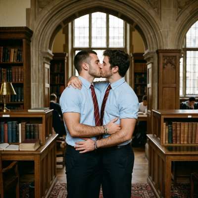 Beneath the grand arches of knowledge, two scholars pause—ink-stained fingers tracing old tomes, hearts lost in the quiet...