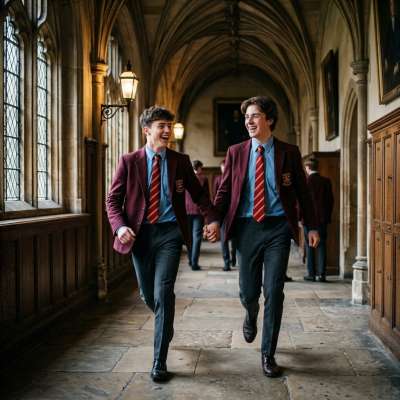 Hand in hand through the grand halls—where every stride echoes ambition, and the corridors whisper of legacies yet to be...