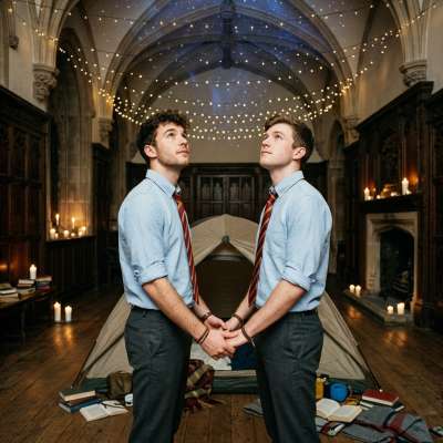 Beneath the vaulted halls where knowledge hums, the ceiling blooms into a constellation of whispers—just for them. Two...