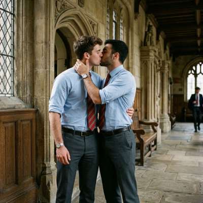 Beneath the arched halls where whispers of ancient knowledge linger, two scholars pause—time forgotten in the quiet...