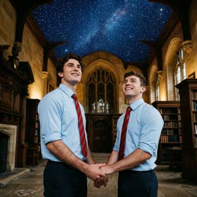 Beneath the vaulted halls, where ancient books whisper secrets, the ceiling blooms into a galaxy of dreams—two scholars...