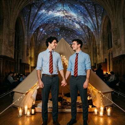 Beneath the vaulted halls, where ancient stone whispers secrets, the ceiling blooms into a cosmos just for them—two scholars...